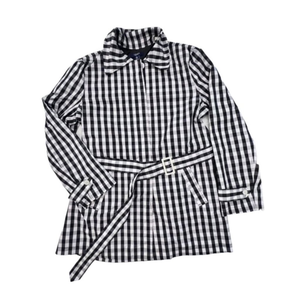 Womens Navy Blue White Gingham Checked Short Trench Coat Raincoat Size XL PREPPY